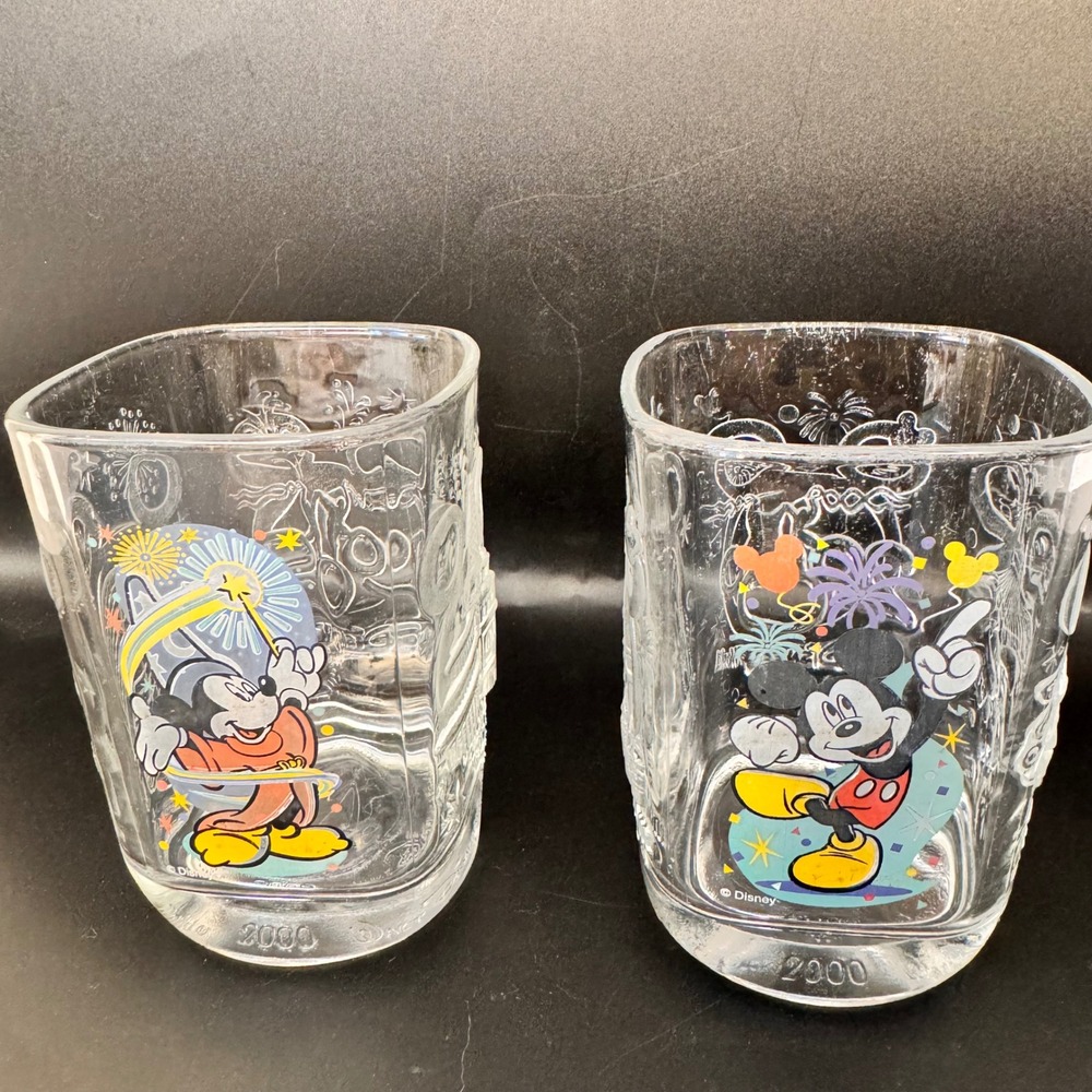 Disney World 2000 Celebration 2 Glasses 16oz Clear Square Mickey Mouse Souvenir